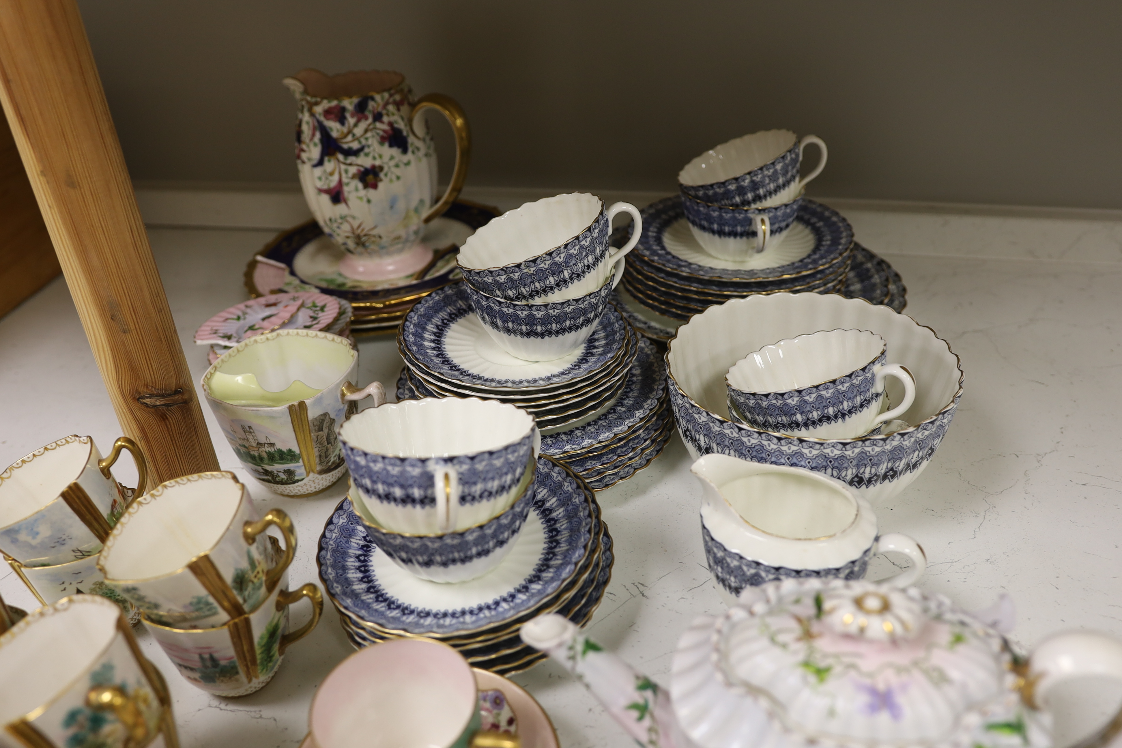 A Copeland Spode porcelain part tea set and two dishes, painted with scenes after Birkett Foster, a blue and white teaset and other teaware, Copeland Spode dishes 25cm wide